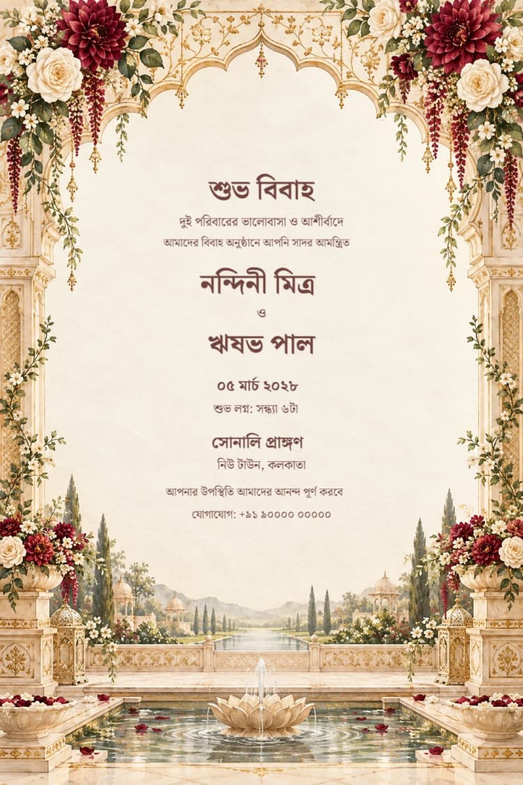 Bengali Champagne Courtyard Wedding Invitation