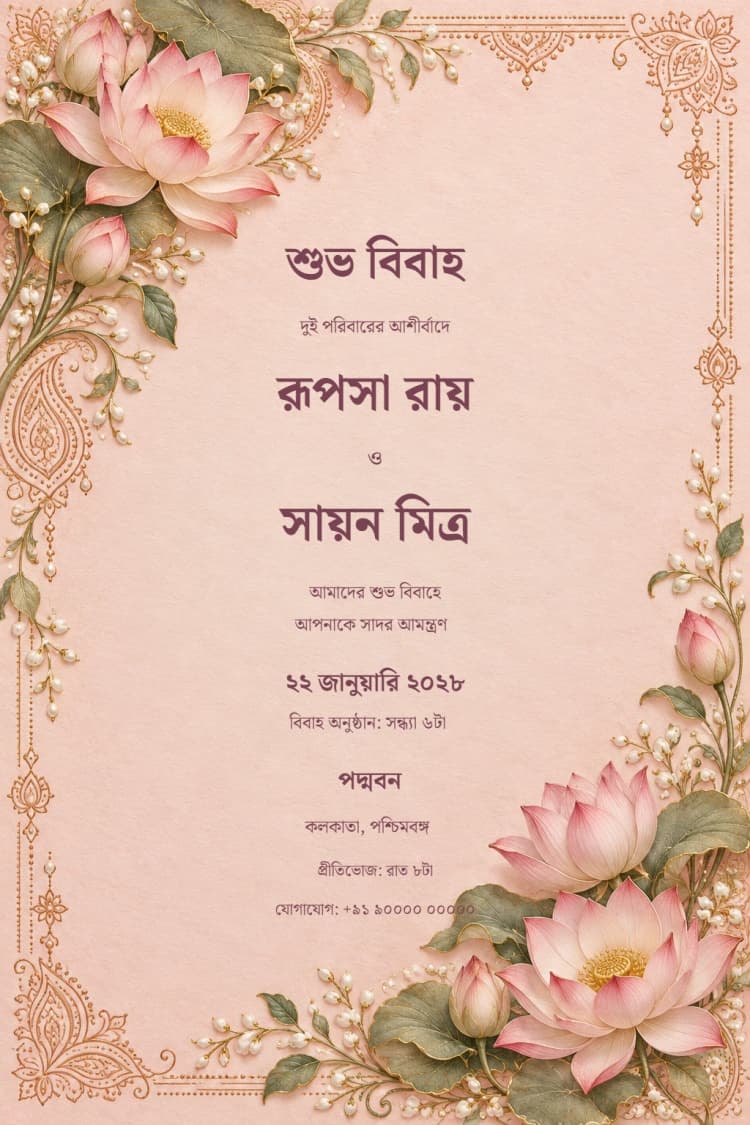 Bengali Lotus Rosewater Wedding Invitation