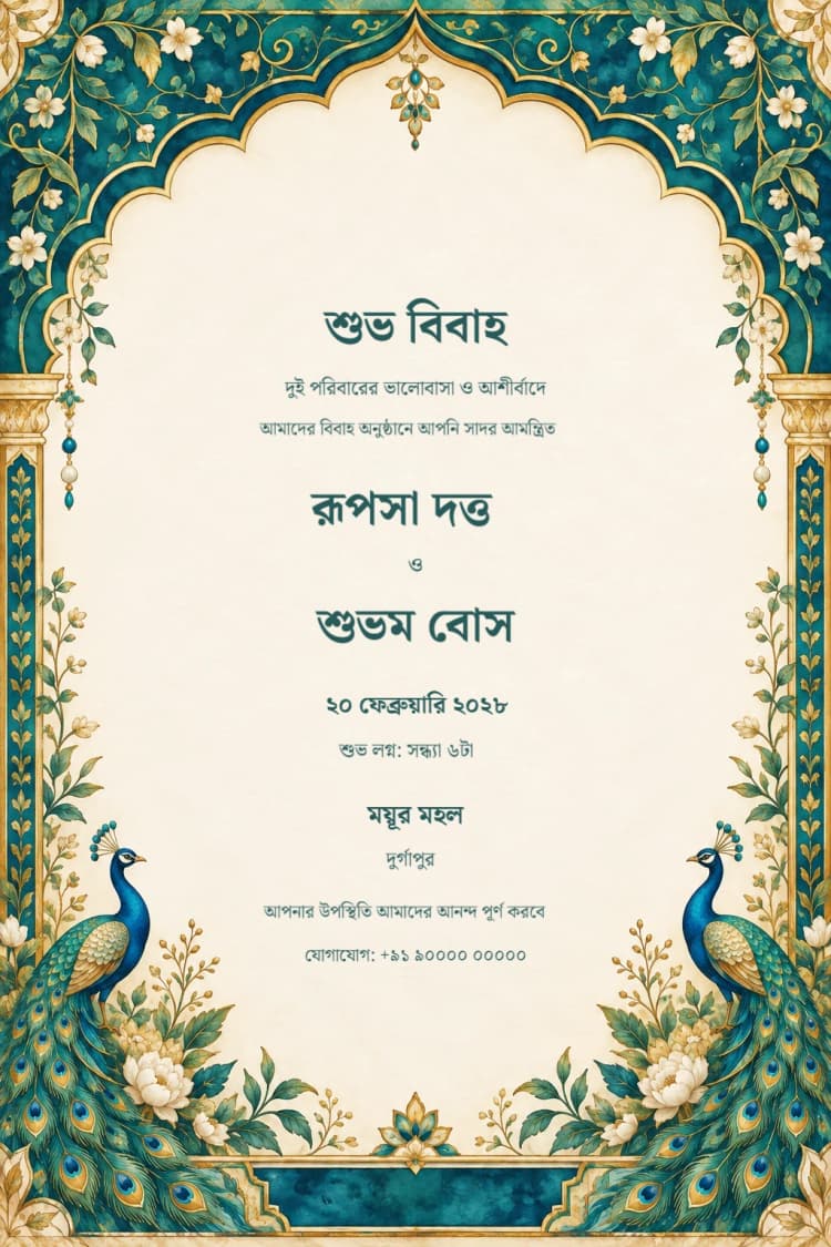 Bengali Peacock Pavilion Wedding Invitation