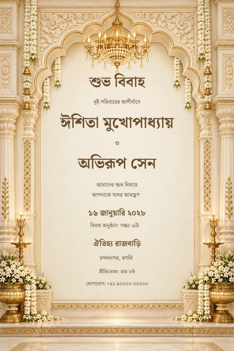 Bengali Rajbari Ivory Wedding Invitation