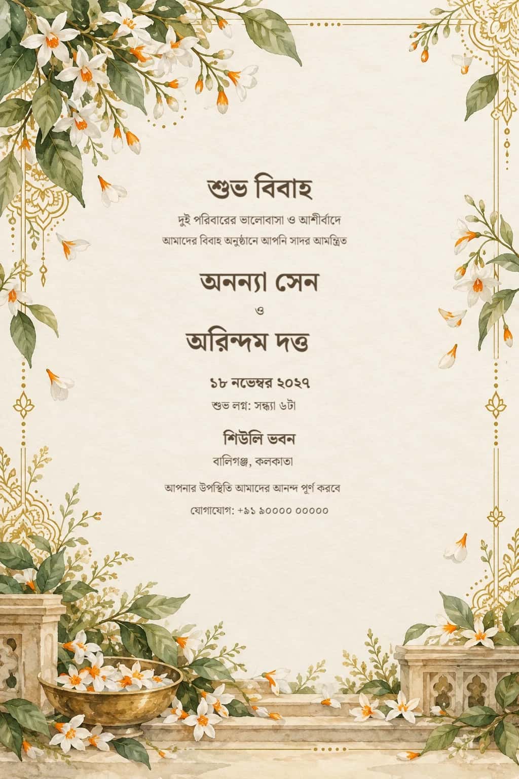 Bengali Shiuli Garden Wedding Invitation