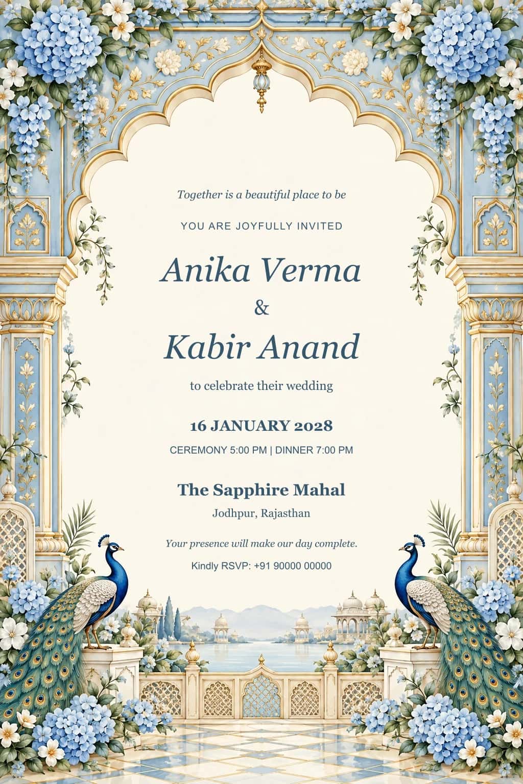 Blue Palace Peacock Wedding Invitation