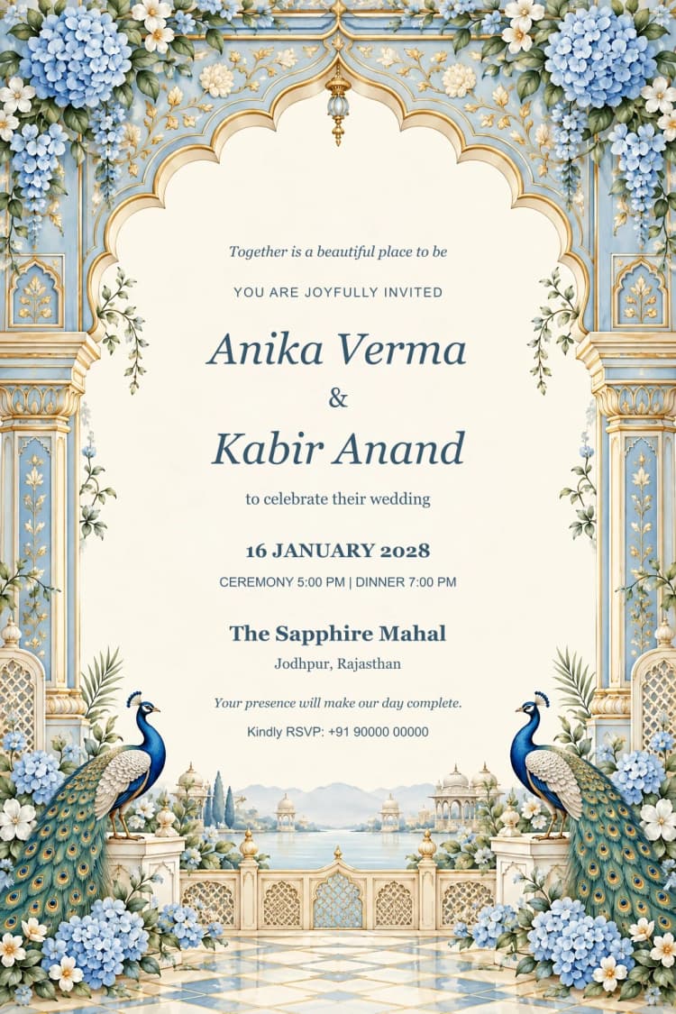 Blue Palace Peacock Wedding Invitation