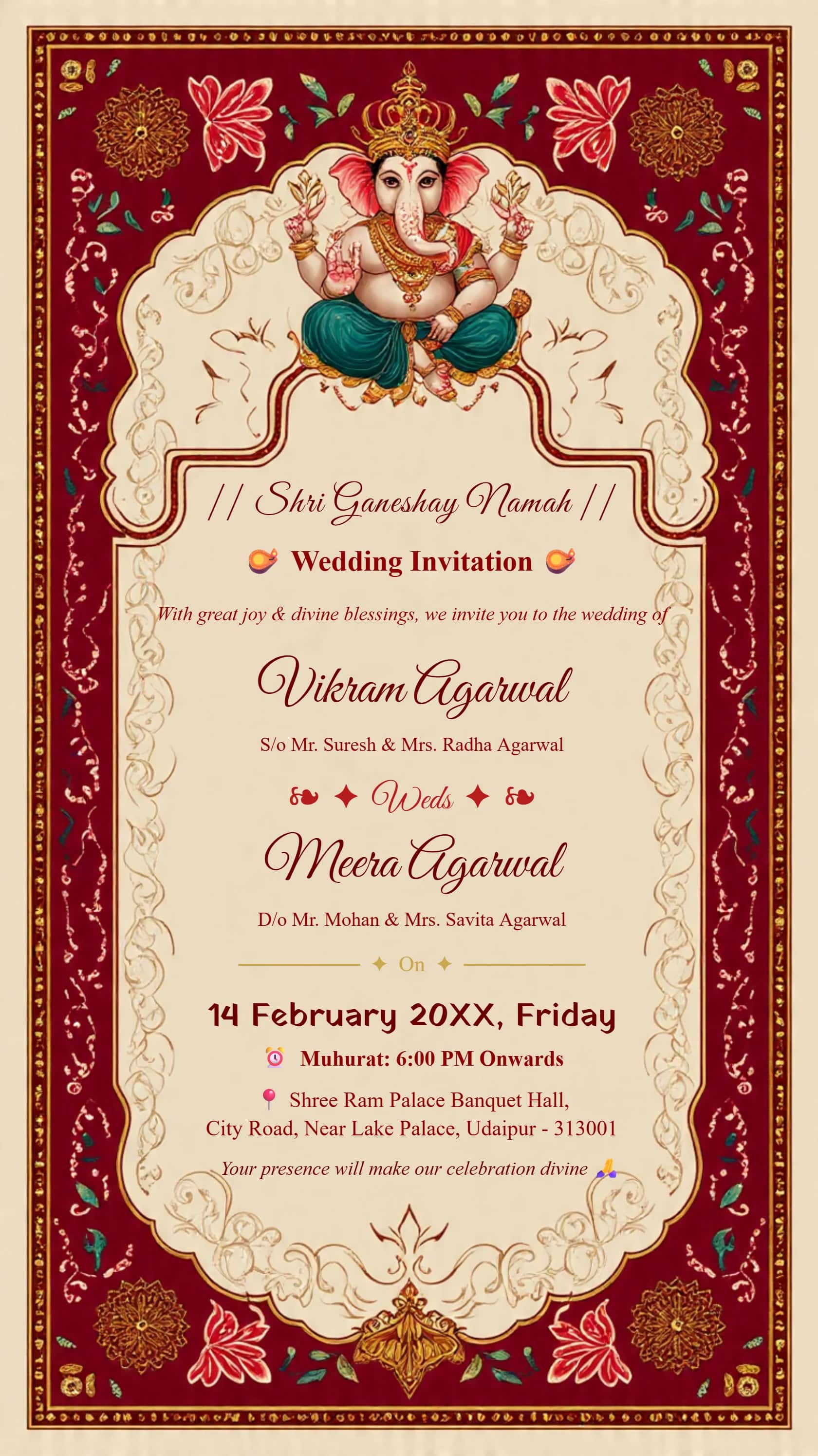 Royal Hindu wedding invitation card featuring Lord Ganesha