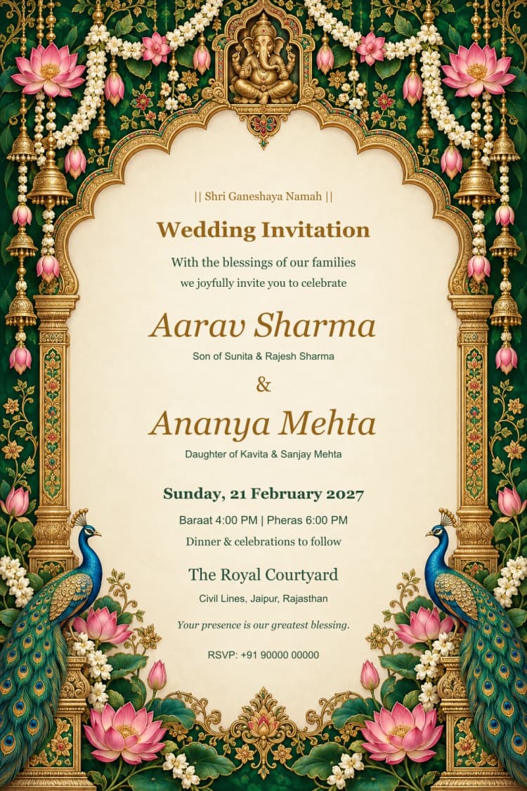 Emerald Lotus Hindu Wedding Invitation