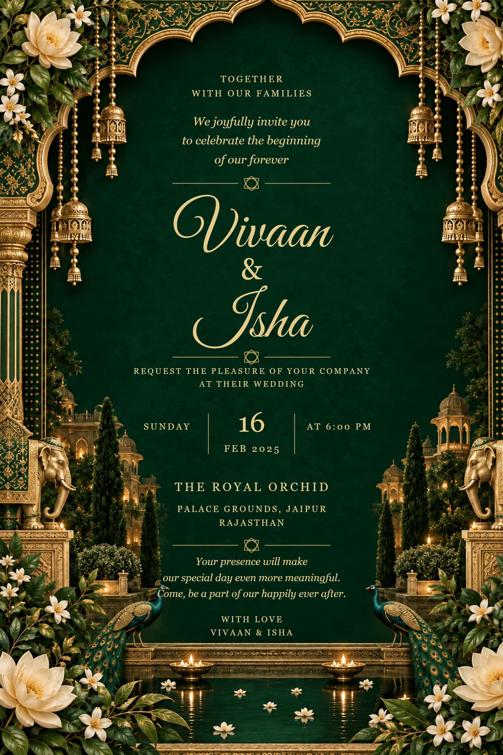 Emerald palace wedding invitation with ivory flowers and peacocks