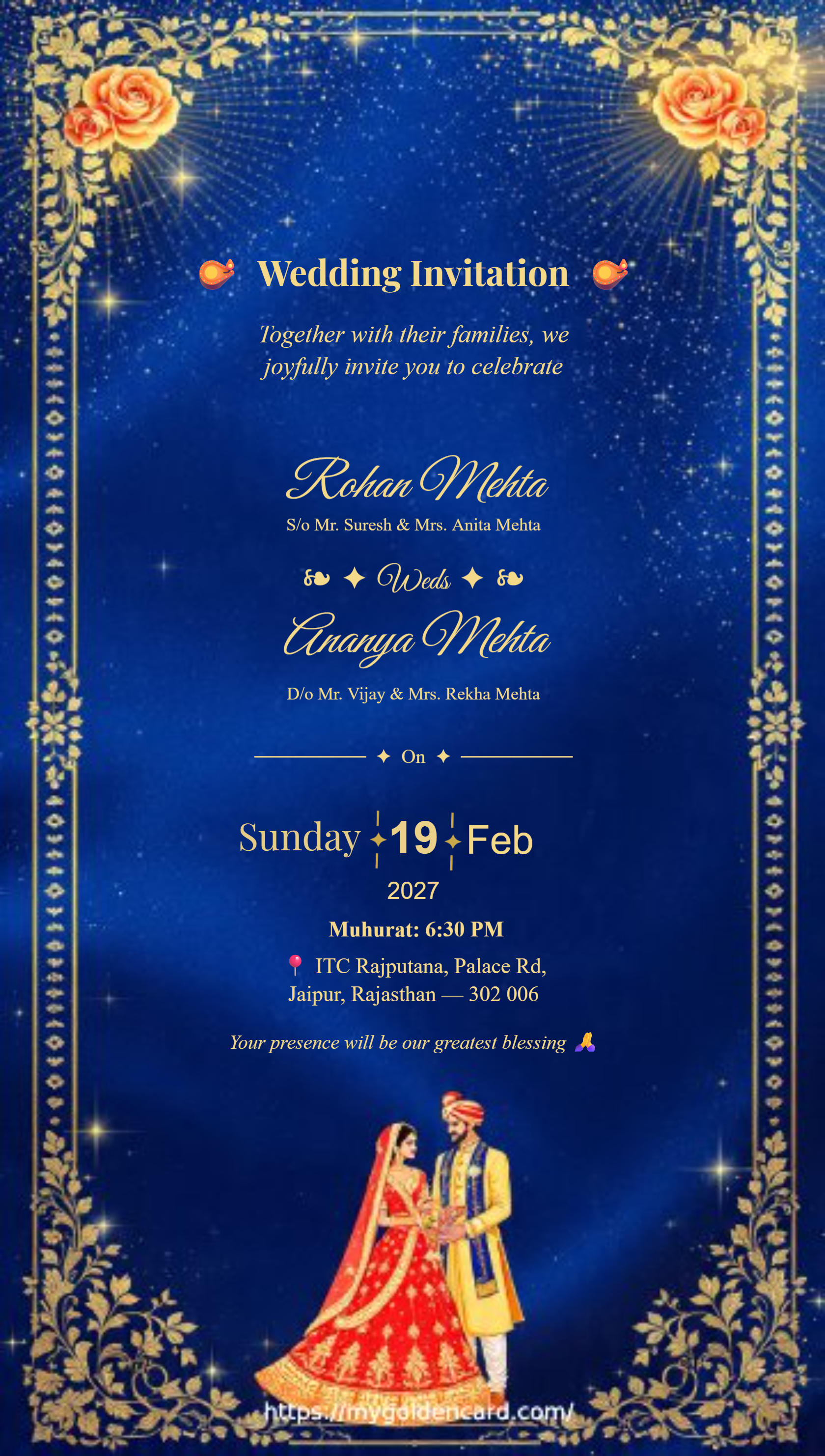 Traditional Indian Wedding Invitation Card in Royal Blue & Gold