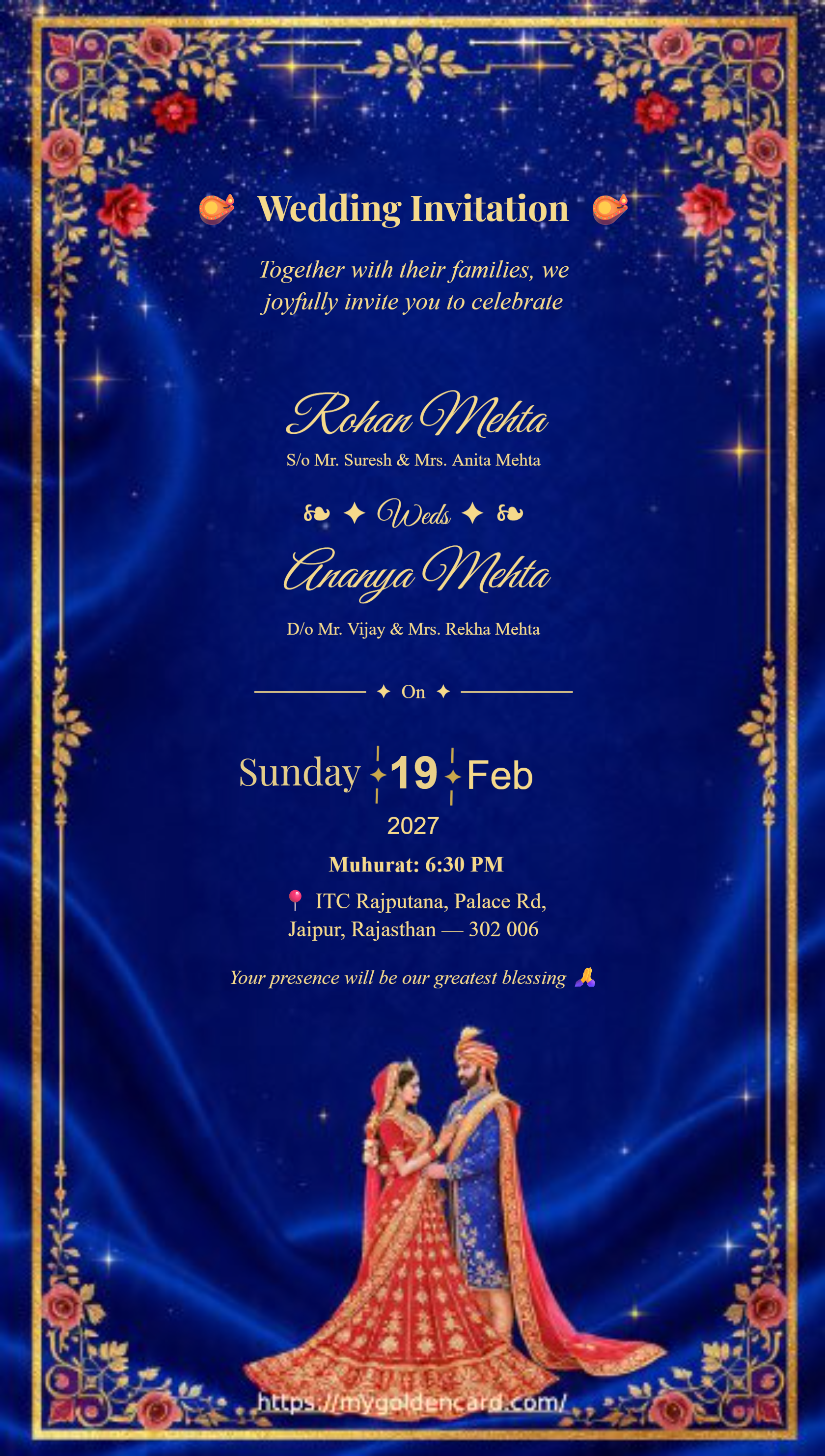 Royal Blue Marriage Invitation Card