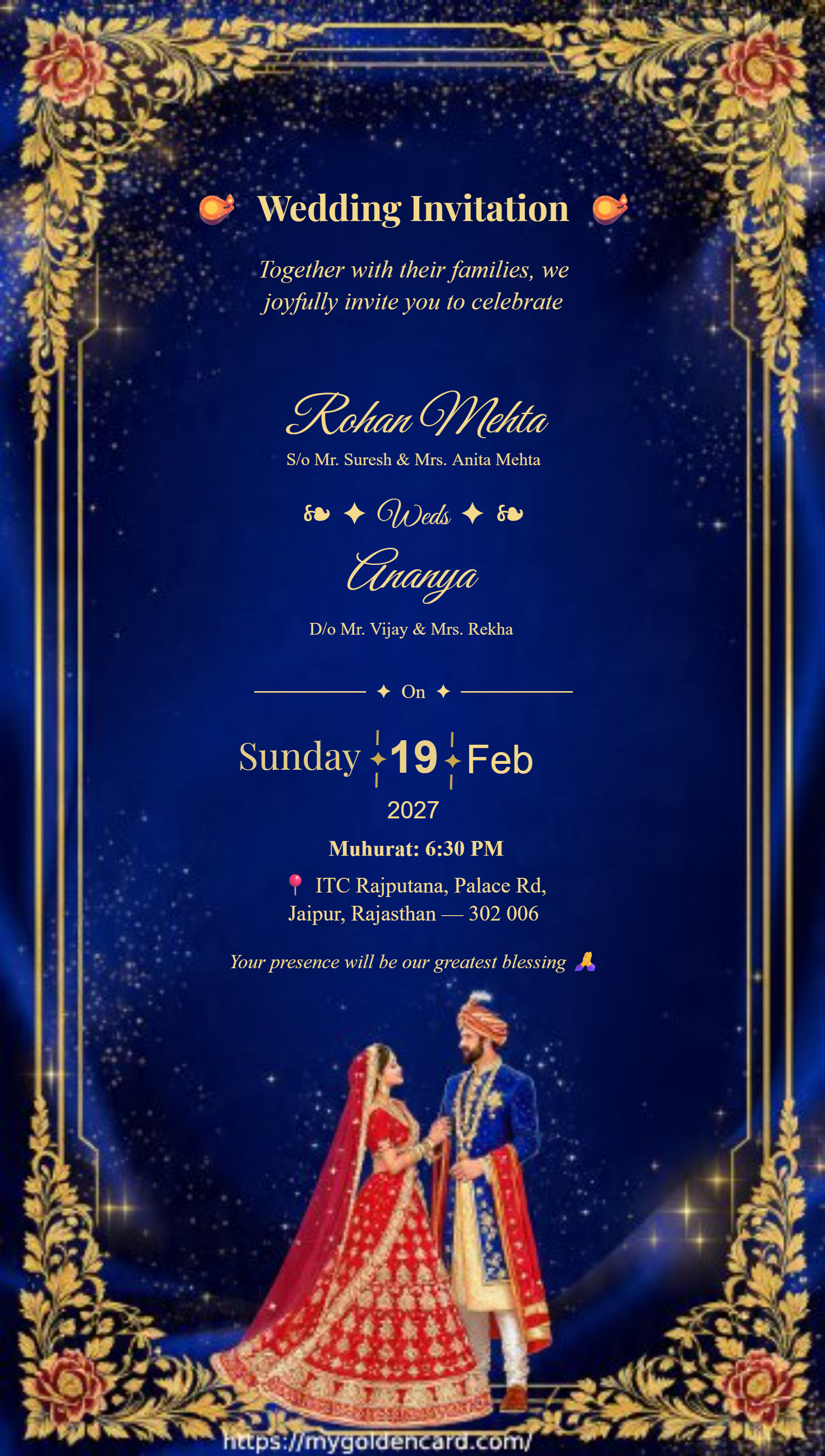 Luxury Royal Blue Wedding Invitation Card with Gold Floral Frame