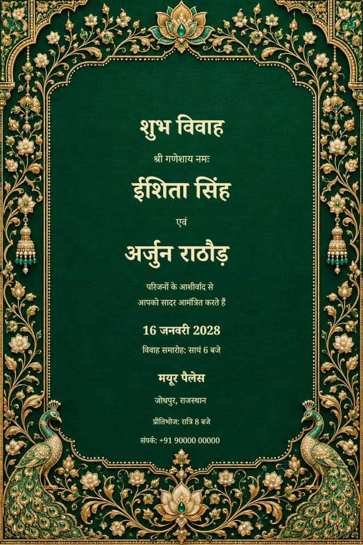 Hindi Emerald Peacock Darbar Hindu Wedding Invitation