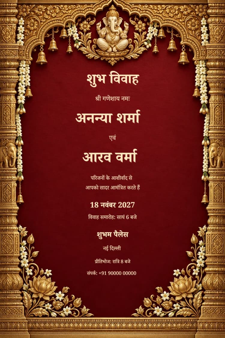 Hindi Ganesh Ruby Mandap Hindu Wedding Invitation
