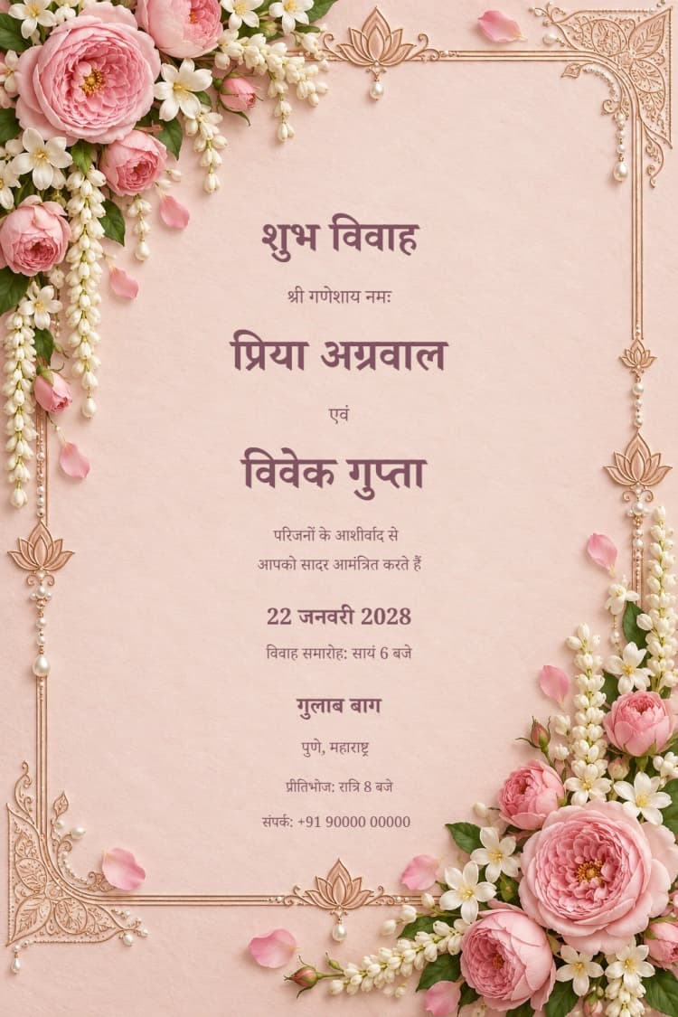 Hindi Gulab Jasmine Hindu Wedding Invitation