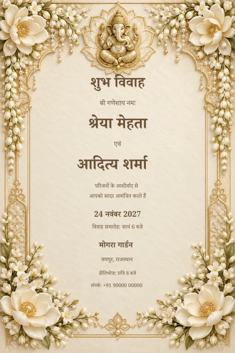 Hindi Ivory Ganesh Pearl Hindu Wedding Invitation