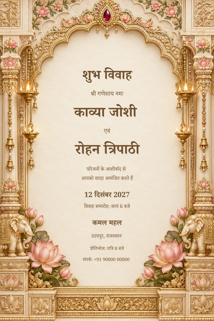 Hindi Kamala Golden Palace Hindu Wedding Invitation