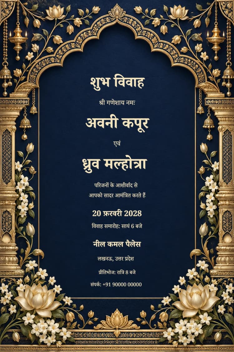Hindi Midnight Gold Lotus Hindu Wedding Invitation