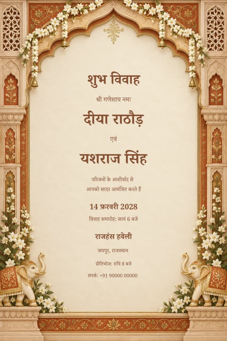 Hindi Rajput Haveli Ivory Hindu Wedding Invitation