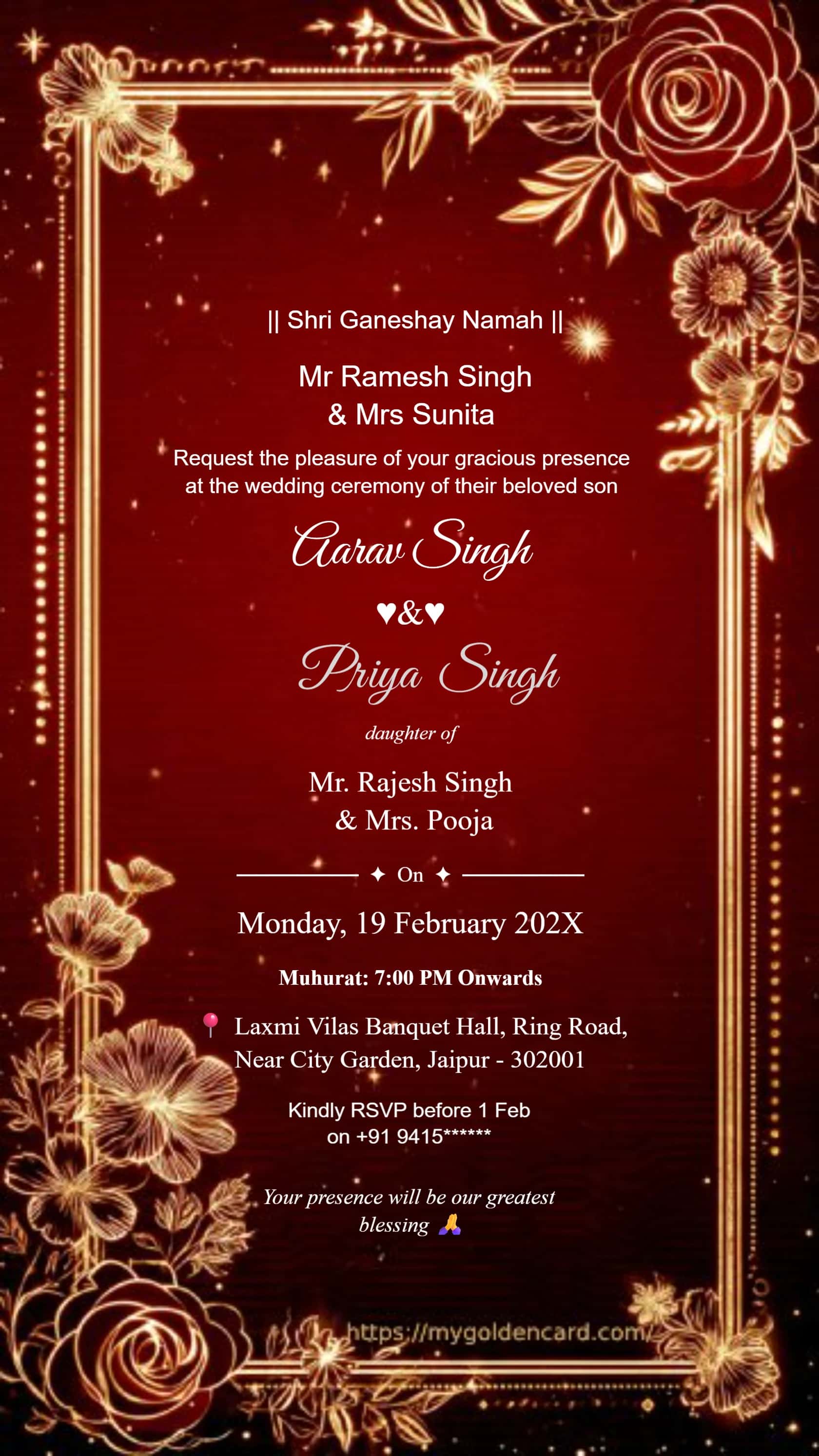 Golden floral wedding invitation card with warm premium detailing and celebratory wedding theme