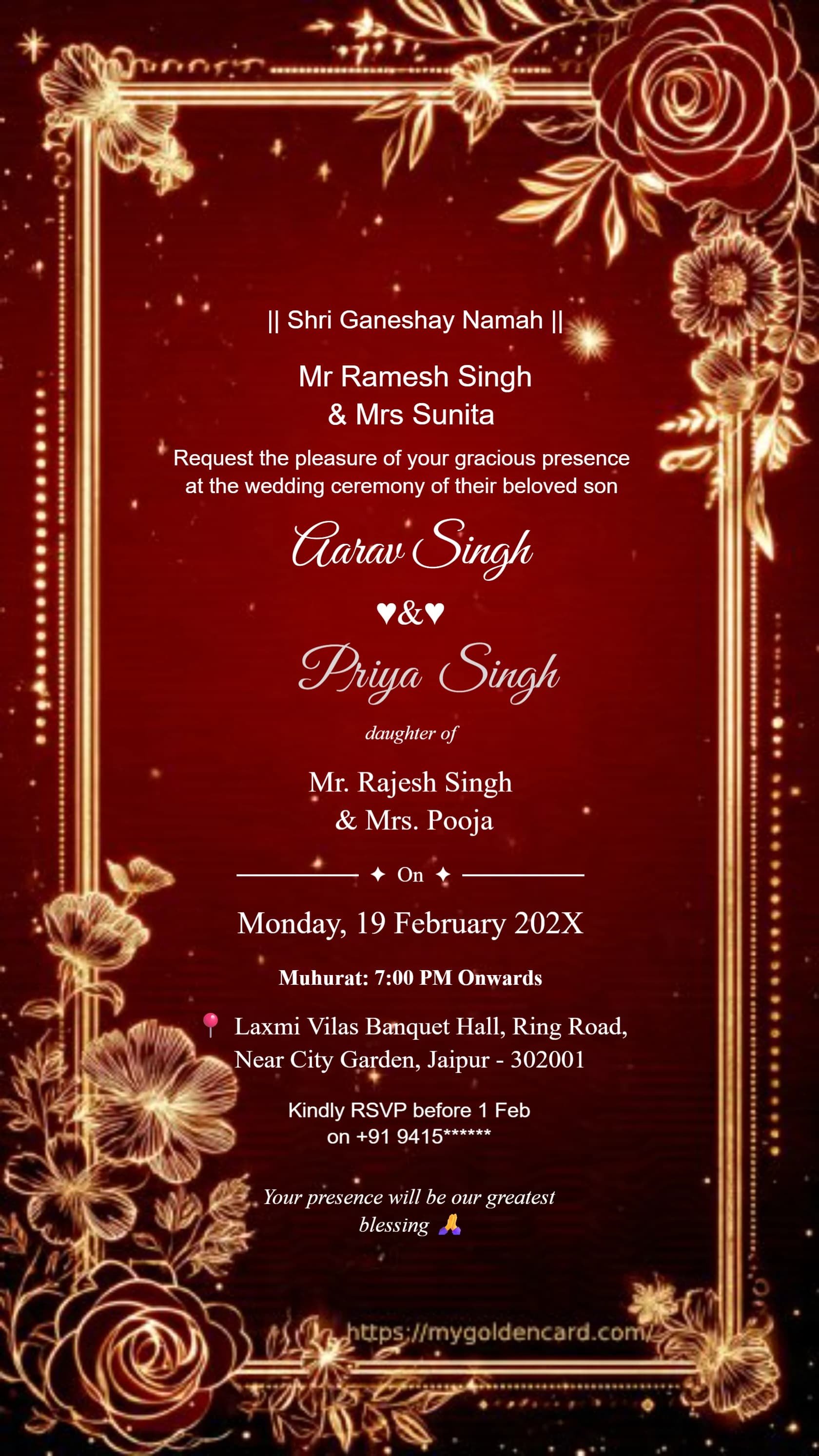 Golden floral wedding invitation card with warm premium detailing and celebratory wedding theme