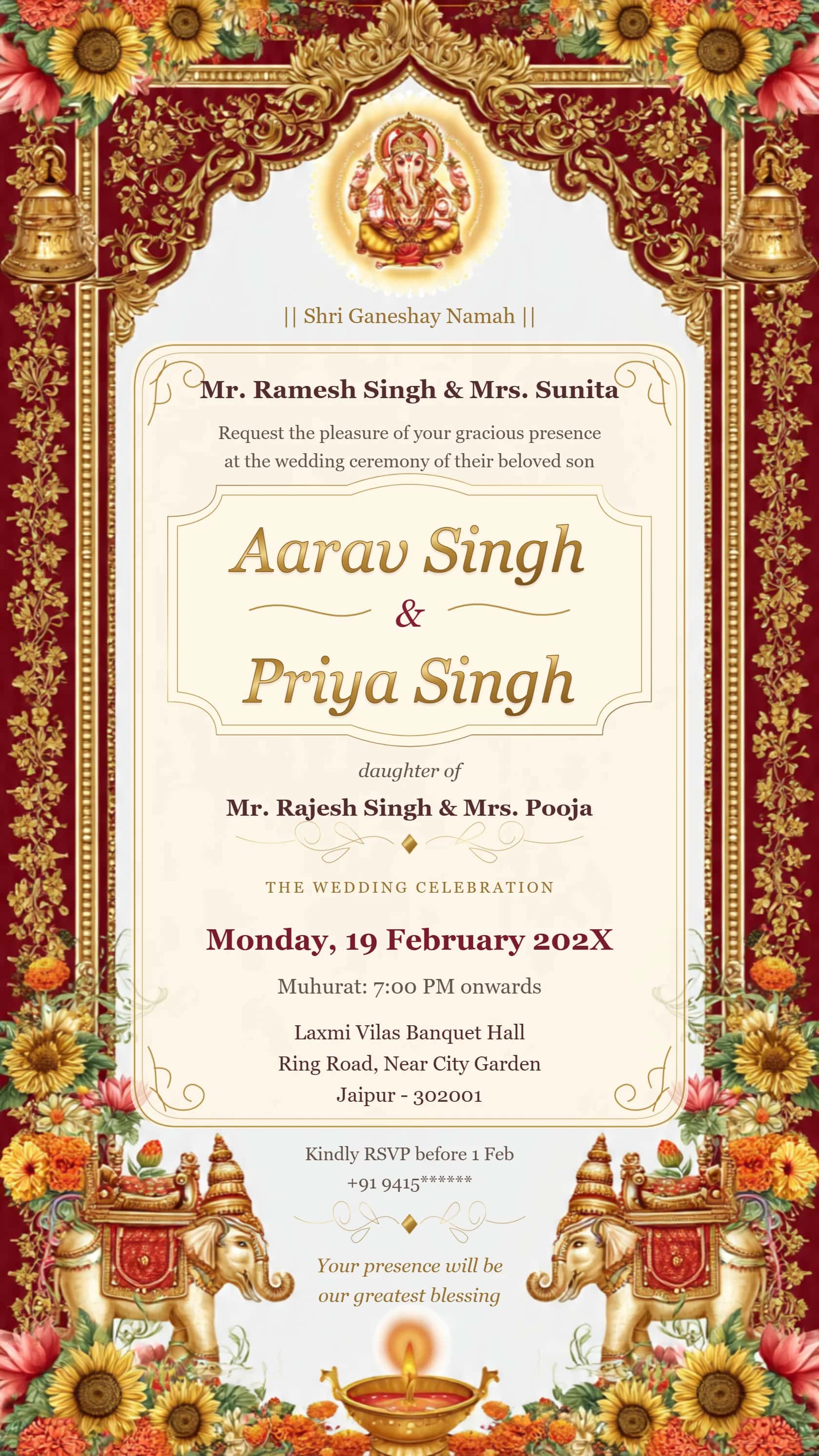 Luxury Ganesh wedding invitation with ivory and gold filigree