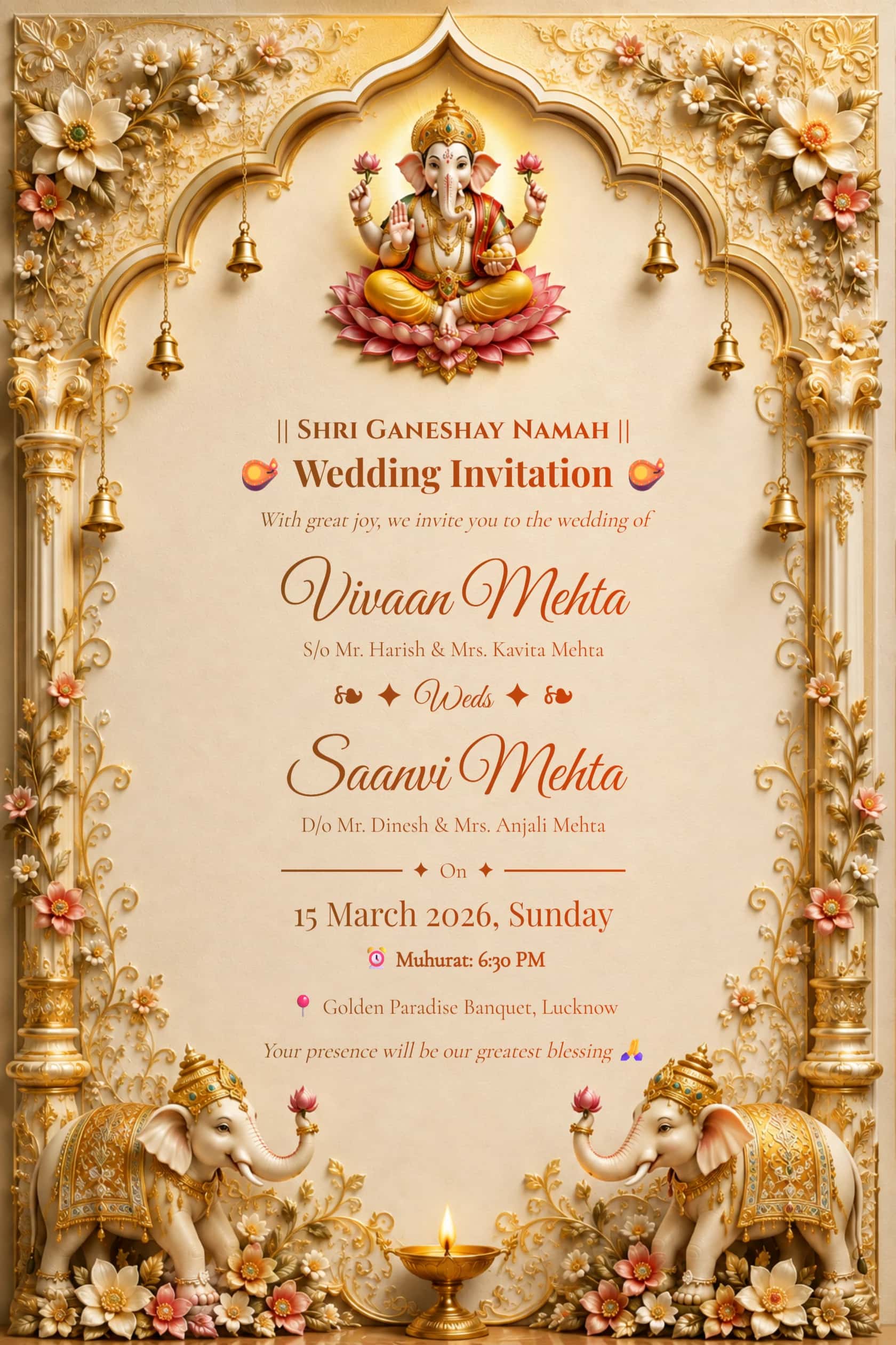 English Ivory Gold Ganesh Wedding Invitation with Elephants