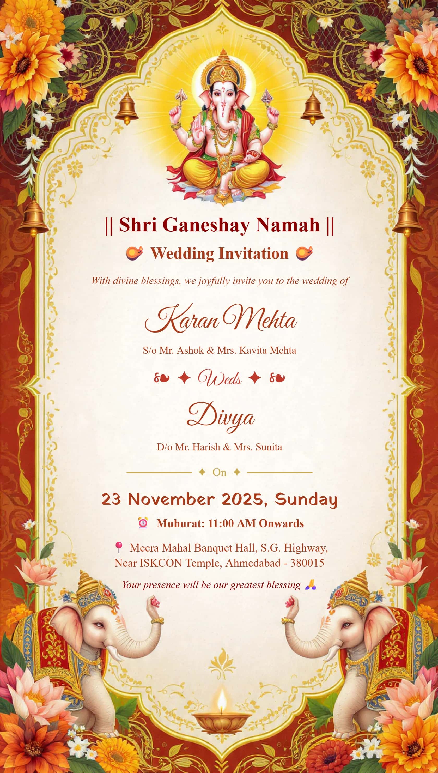 Ganesh wedding invitation card with floral frame design