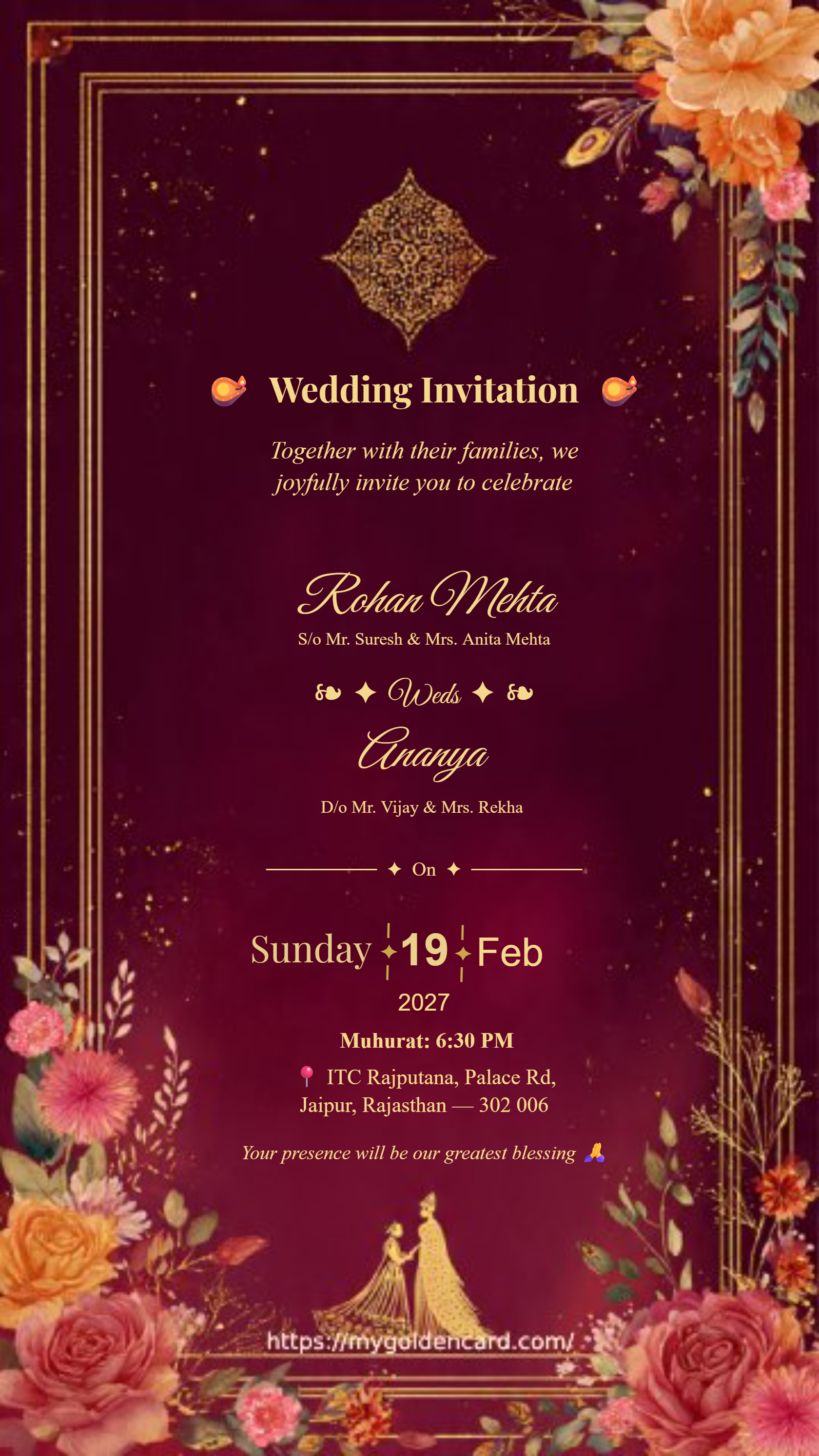 Royal maroon and gold wedding invitation