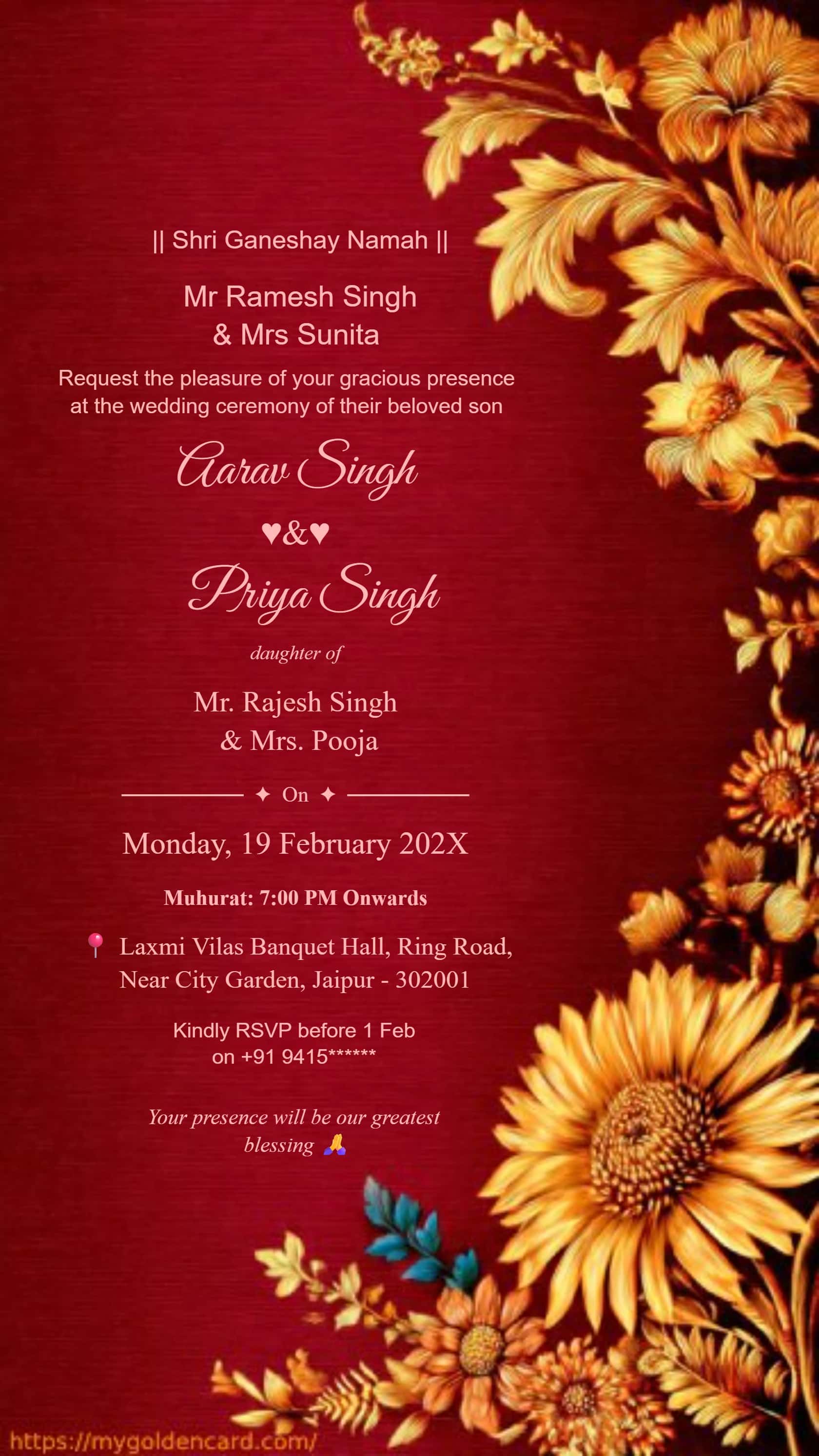 Luxury maroon gold Indian wedding invitation card with premium festive background