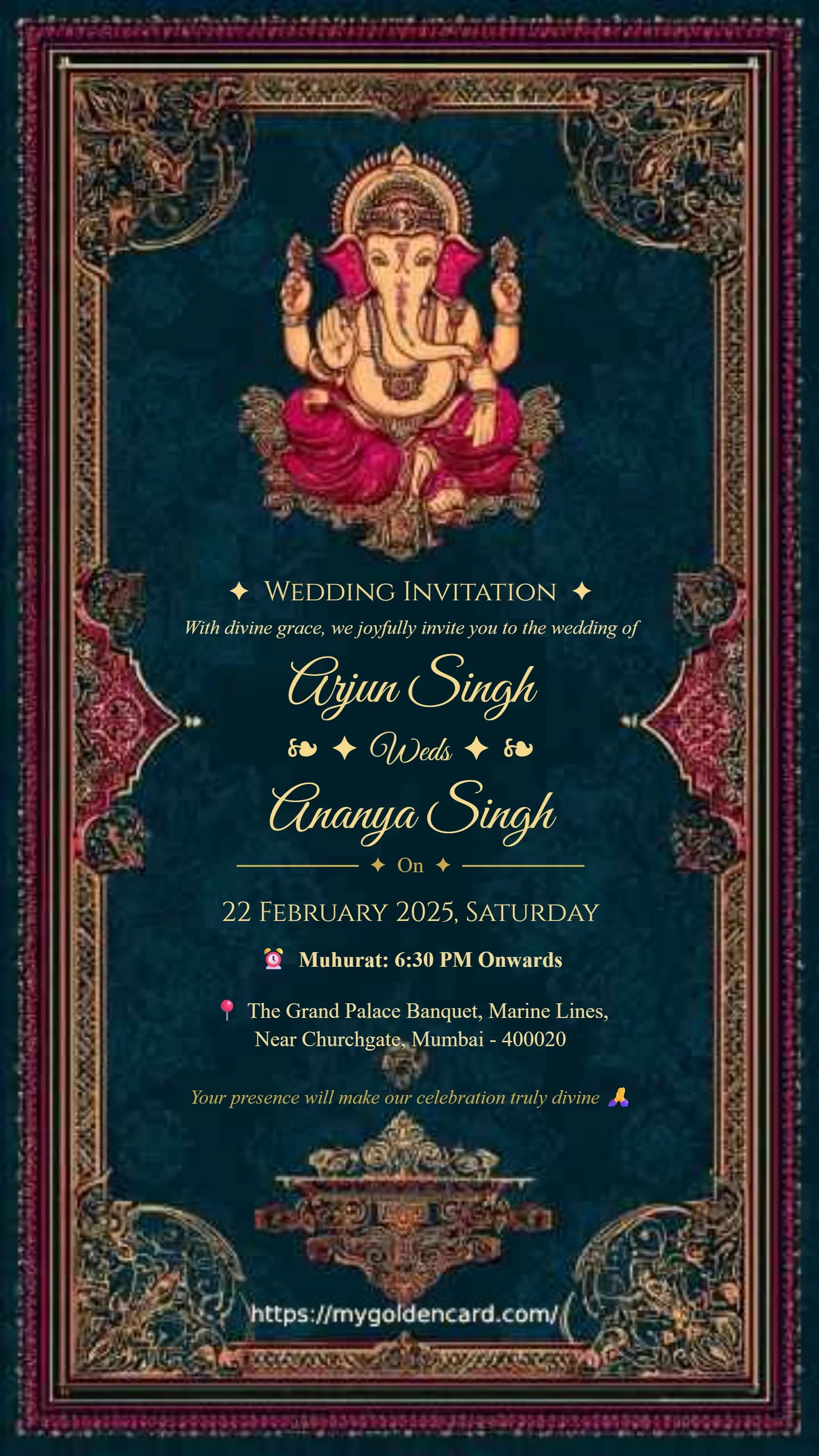 Premium Ganesh wedding card with golden decorative border and devotional styling