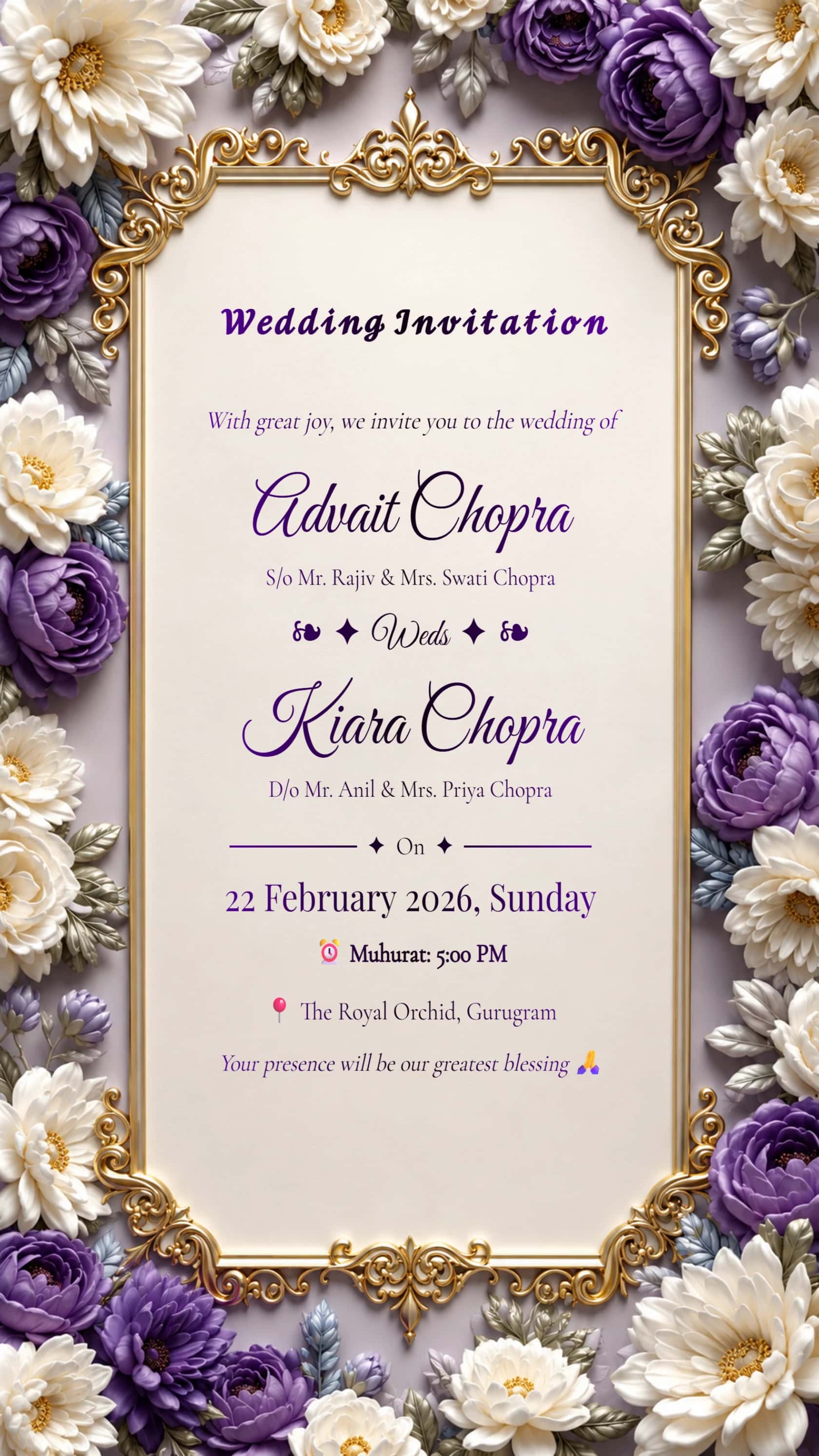 English Purple and Ivory Floral Wedding Invitation