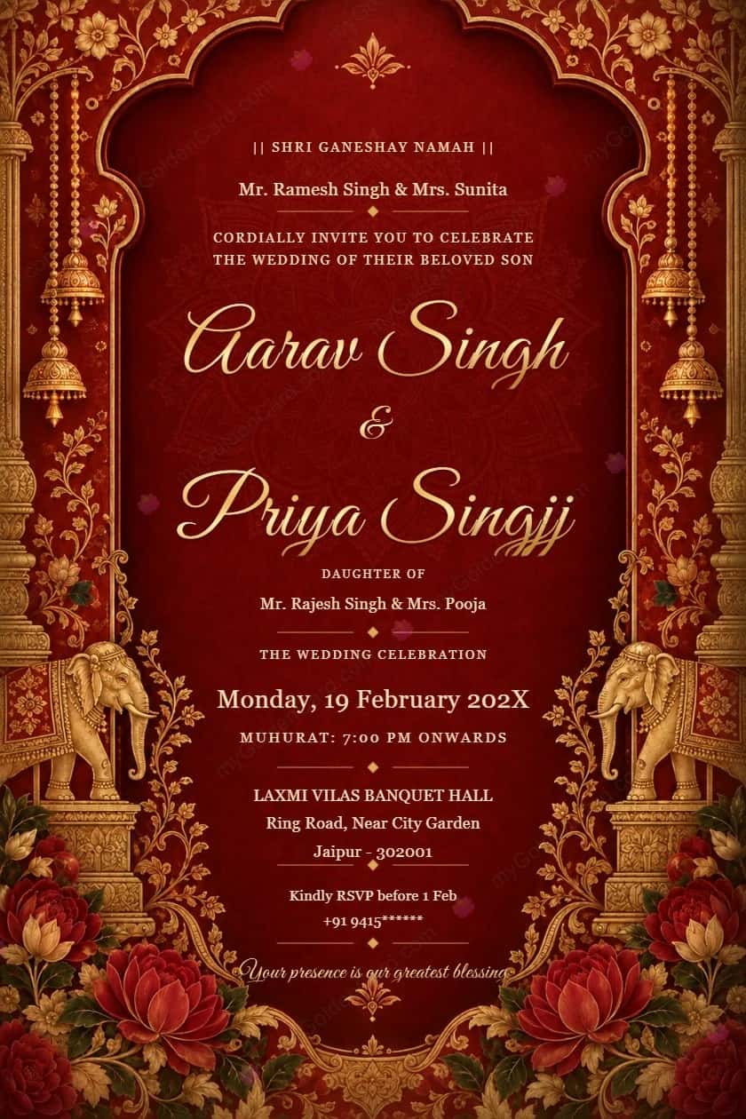 Royal crimson and gold palace wedding invitation