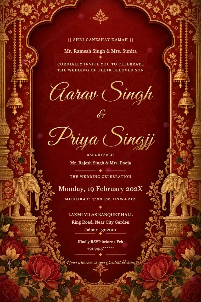 Royal crimson and gold palace wedding invitation