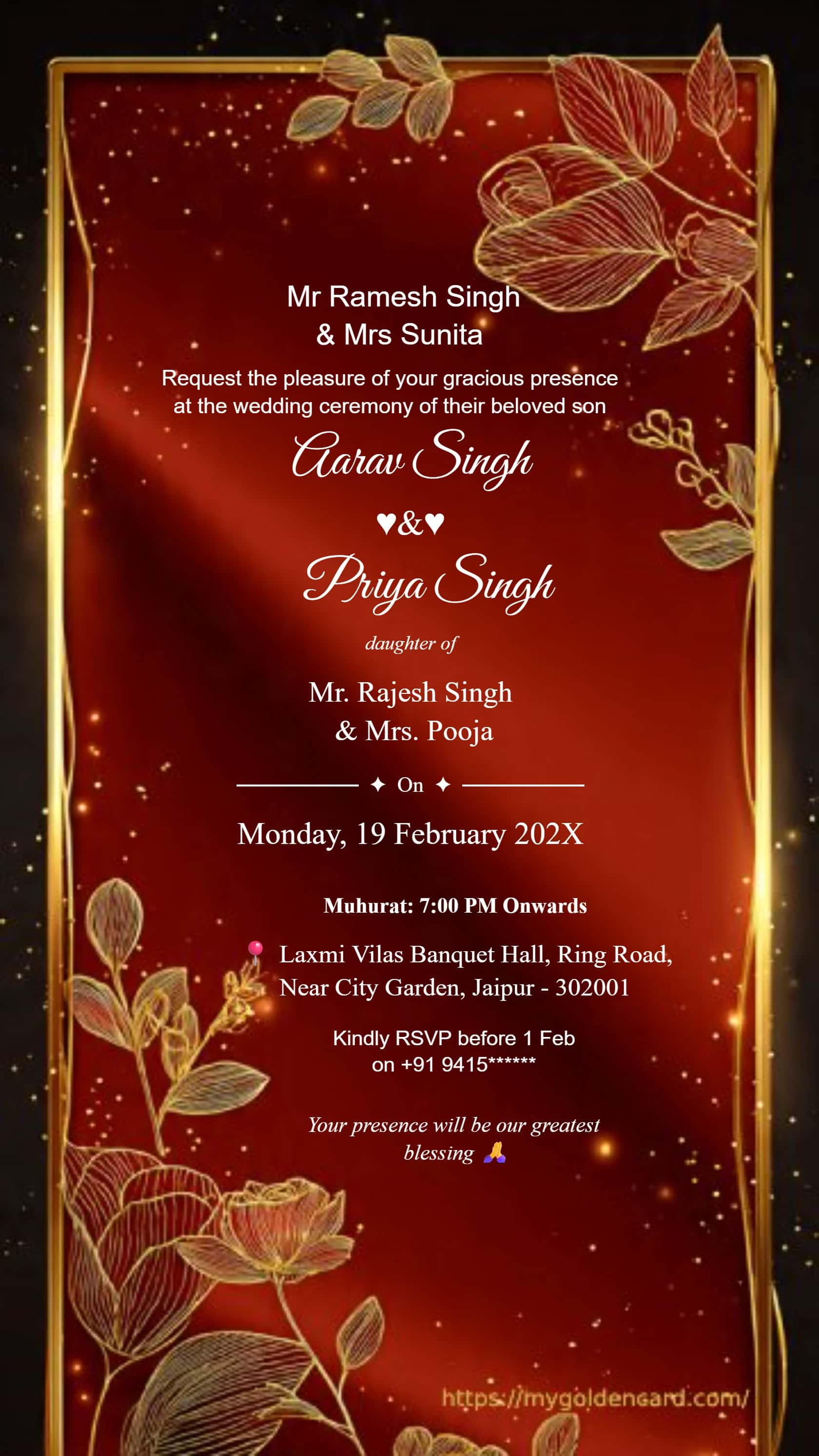 Elegant floral wedding invitation with soft gold framing and romantic Indian design elements