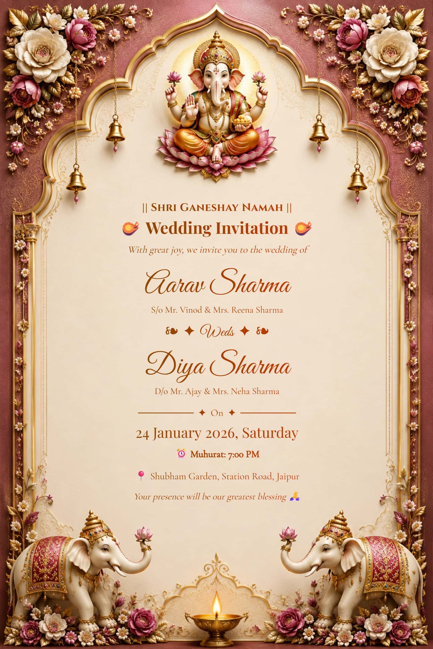 Royal maroon Ganesh Hindu wedding invitation card with floral arch