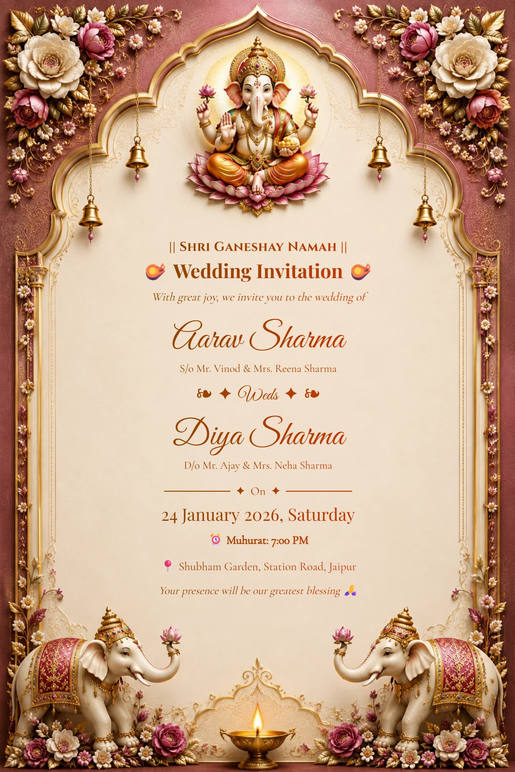 Royal maroon Ganesh Hindu wedding invitation card with floral arch
