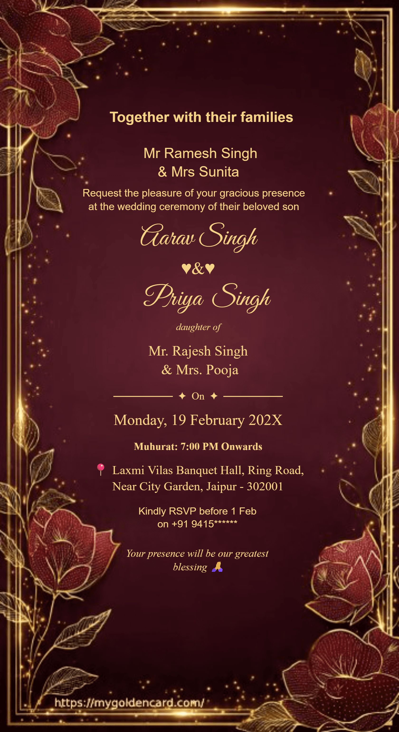 Royal Maroon Gold Wedding Invitation Card