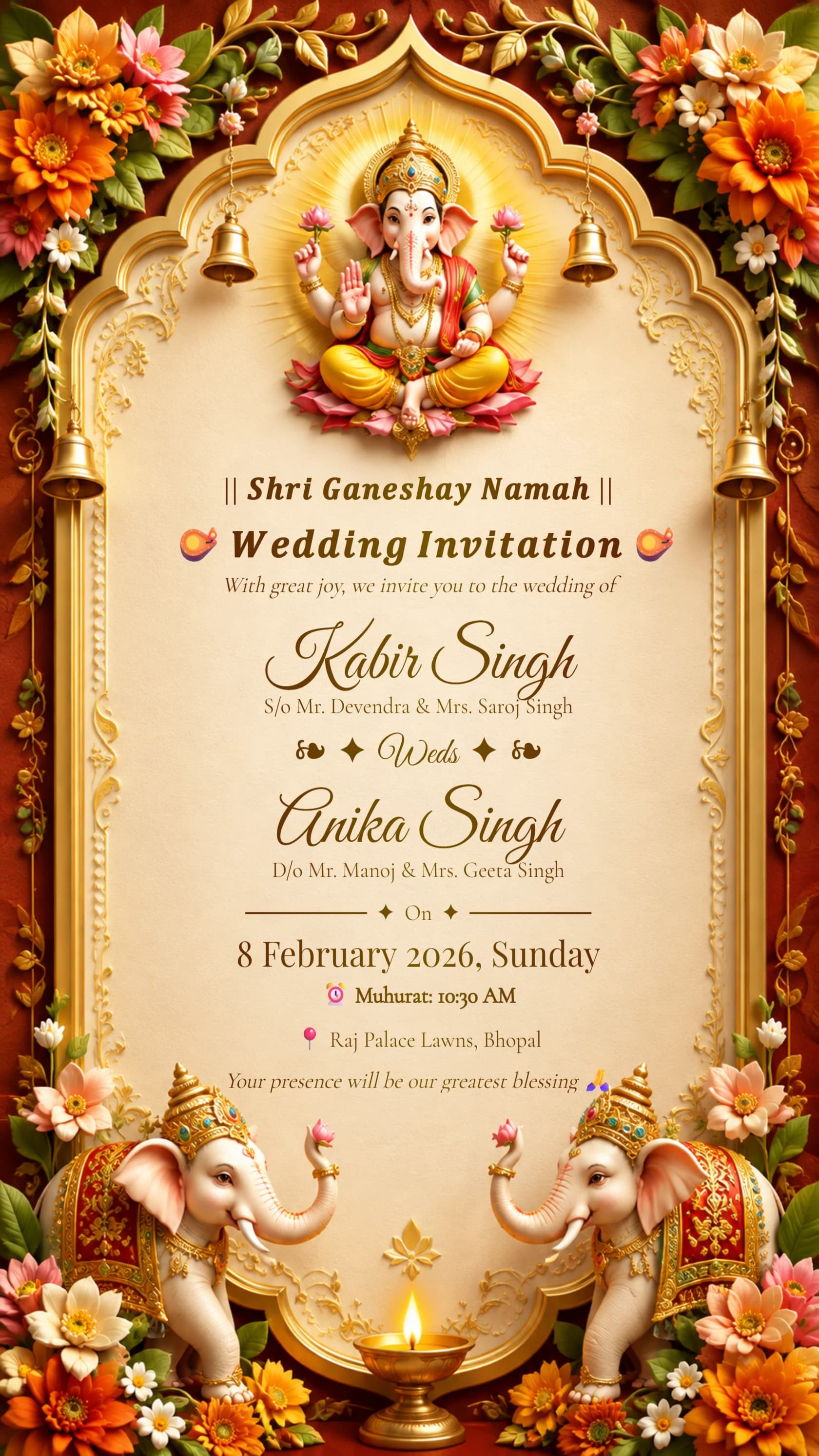 Sunset gold Ganesh Hindu wedding invitation card with floral arch