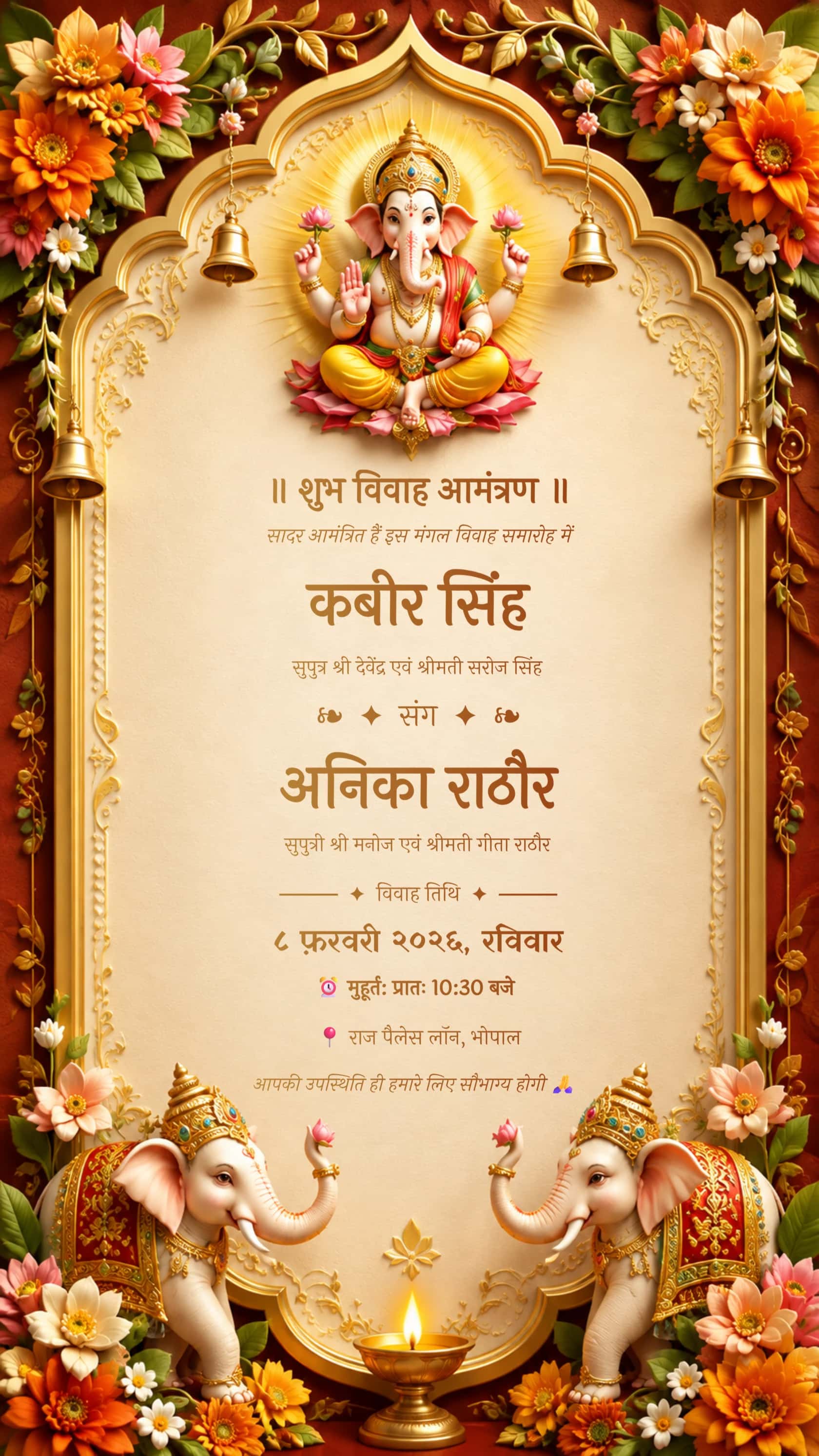 Sunset gold Ganesh Hindu wedding invitation card with floral arch