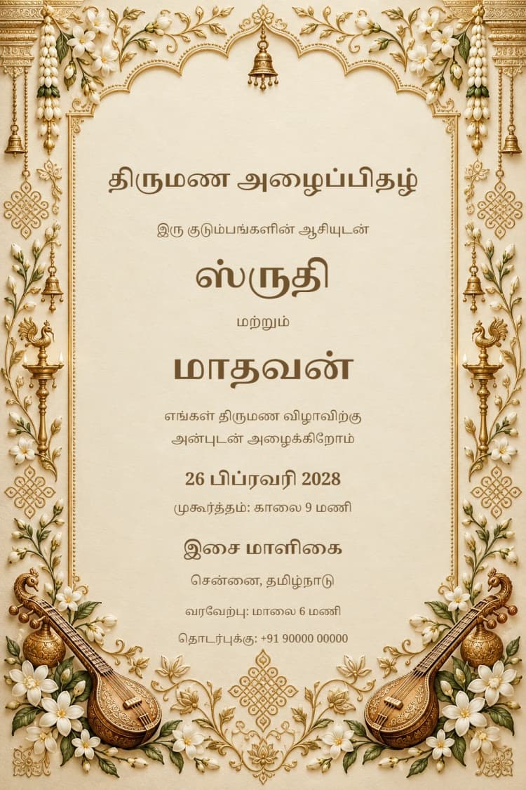 Tamil Champagne Veena Wedding Invitation