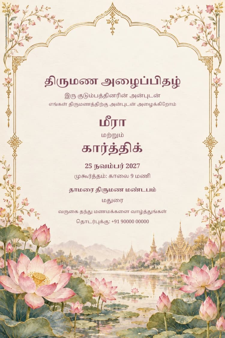 Tamil Pink Lotus Garden Wedding Invitation