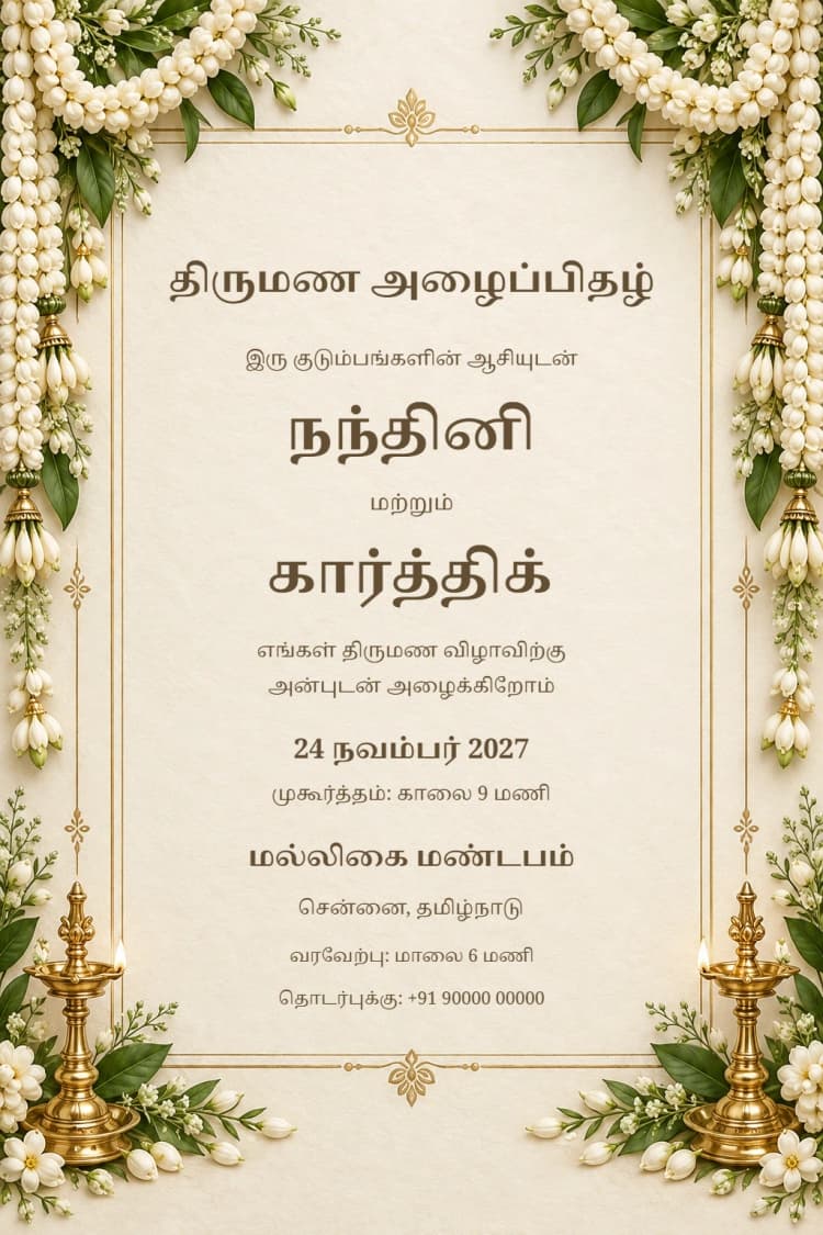 Tamil Malligai Ivory Wedding Invitation