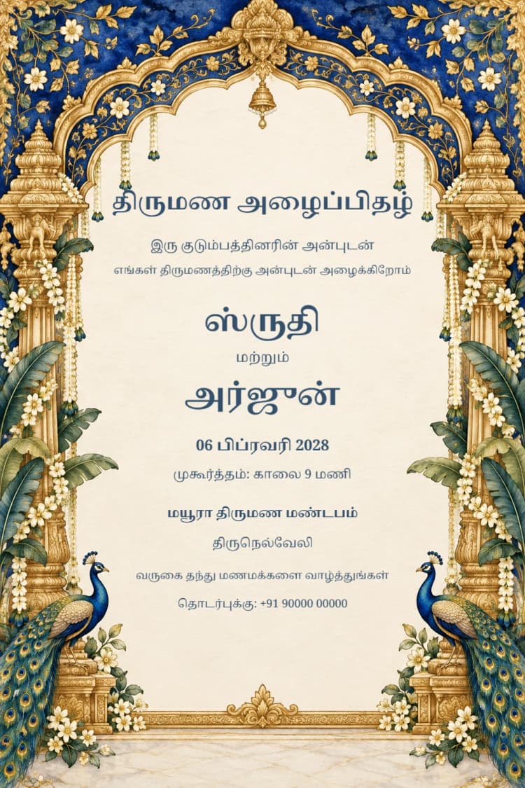Tamil Sapphire Peacock Wedding Invitation
