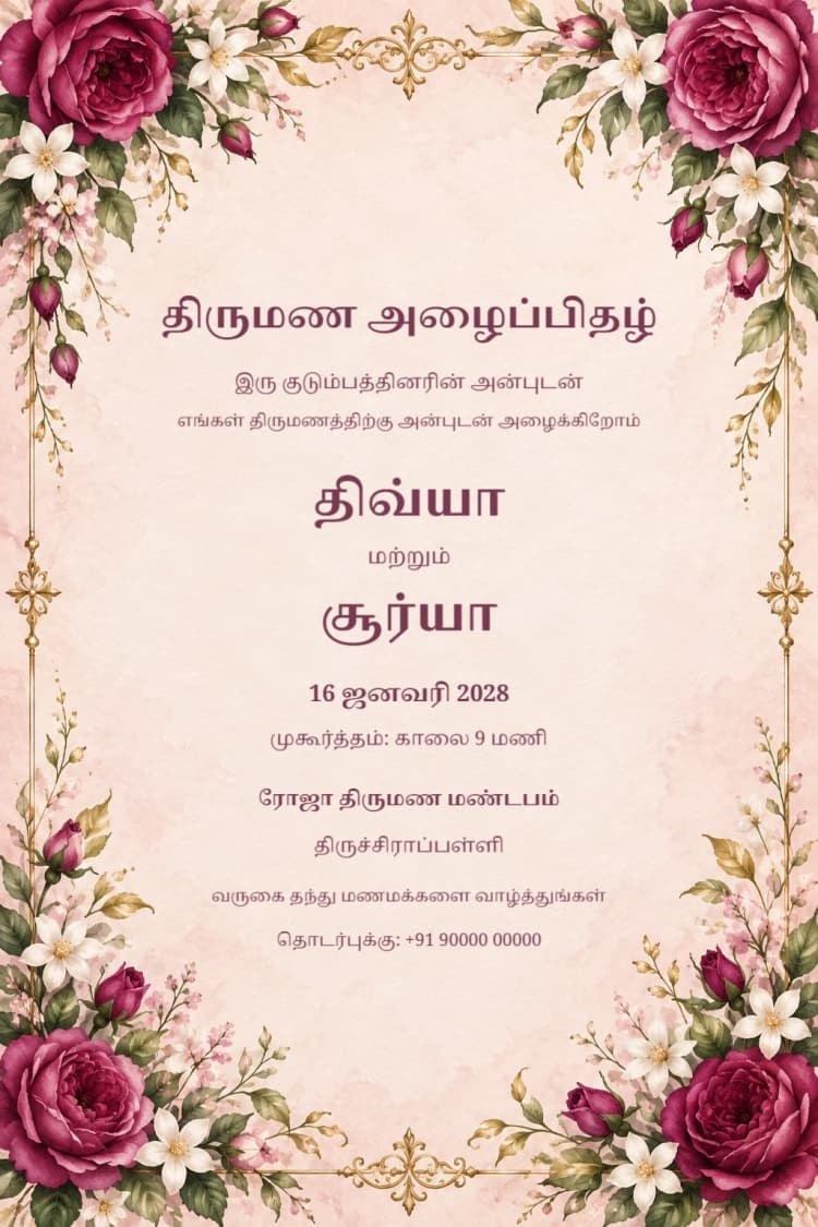 Tamil Rose and Jasmine Wedding Invitation