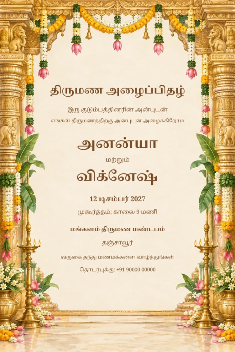 Tamil Golden Temple Mandap Wedding Invitation