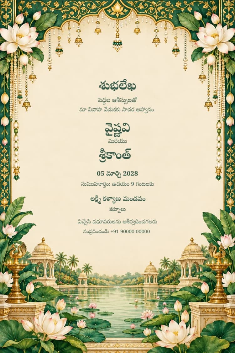 Telugu Emerald Gold Lotus Wedding Invitation