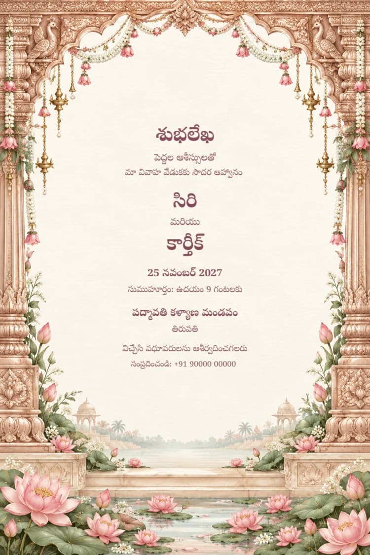 Telugu Blush Lotus Wedding Invitation