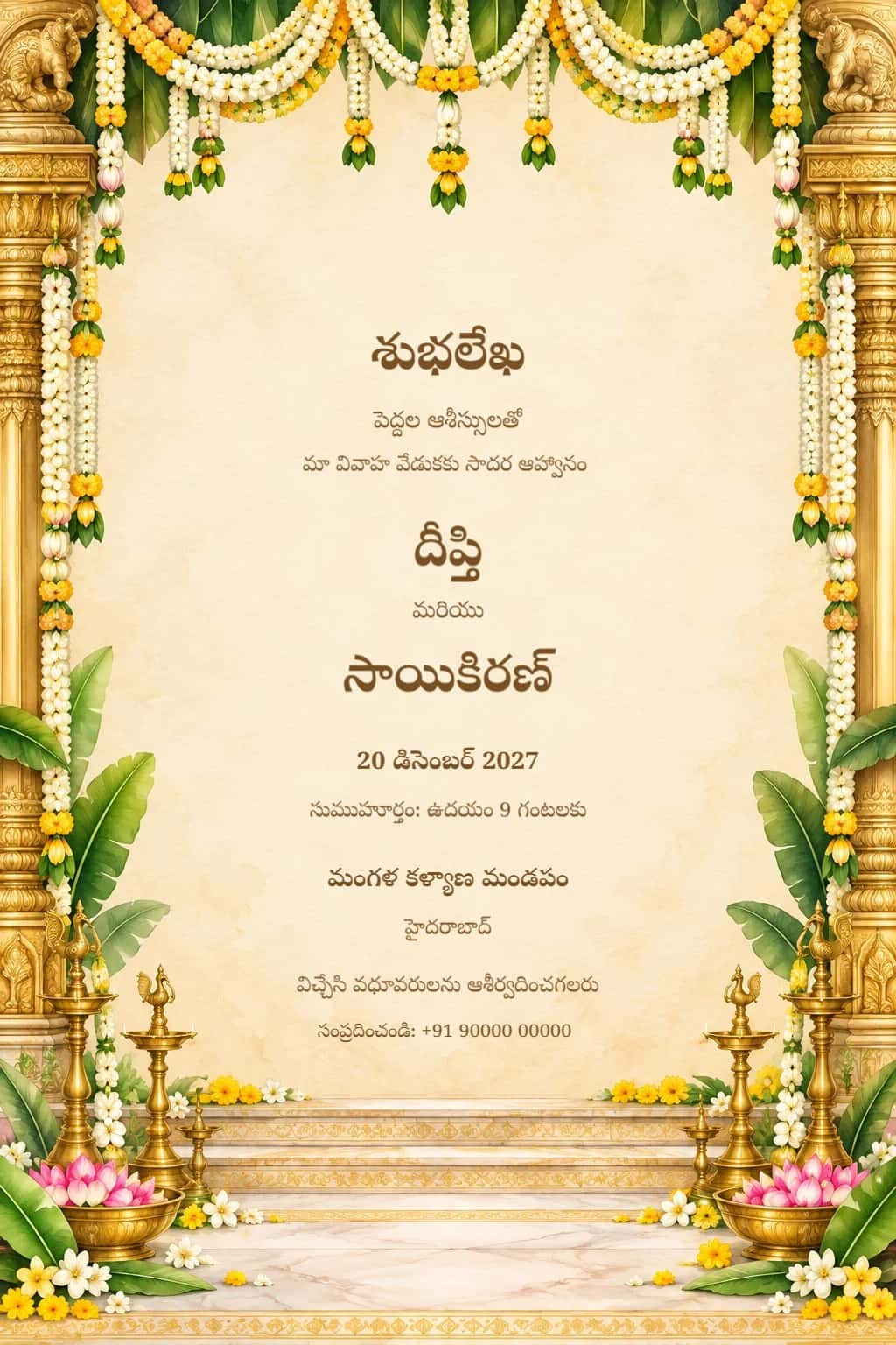 Telugu Golden Mandap Wedding Invitation