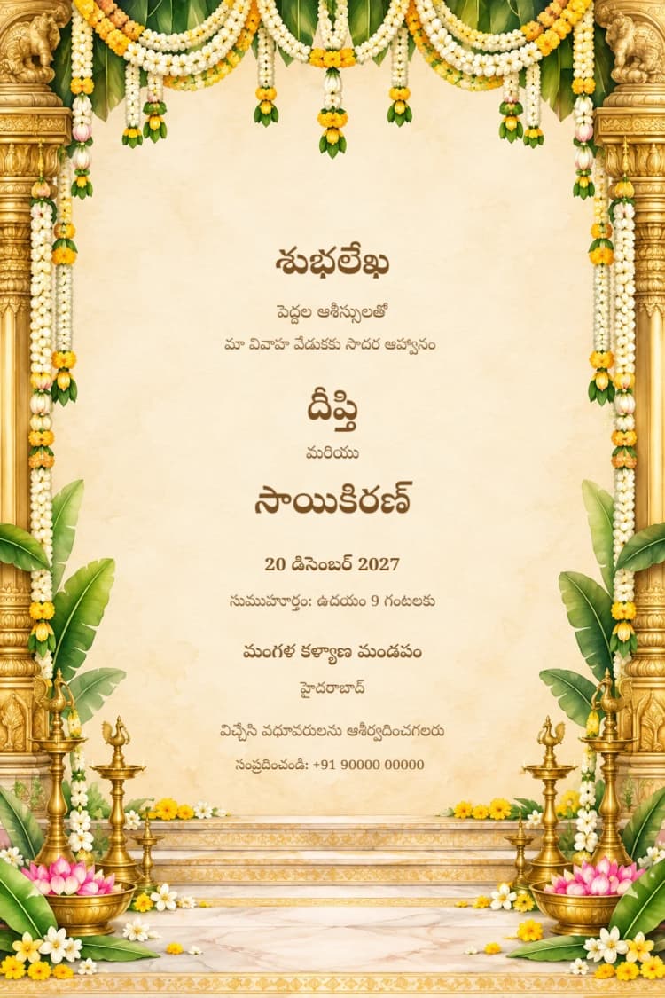 Telugu Golden Mandap Wedding Invitation