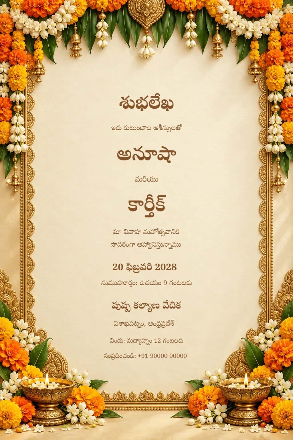 Telugu Marigold Dawn Wedding Invitation