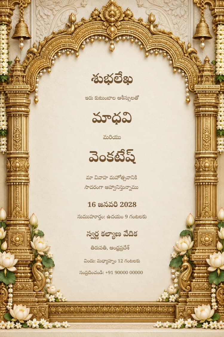 Telugu Tirumala Gold Wedding Invitation