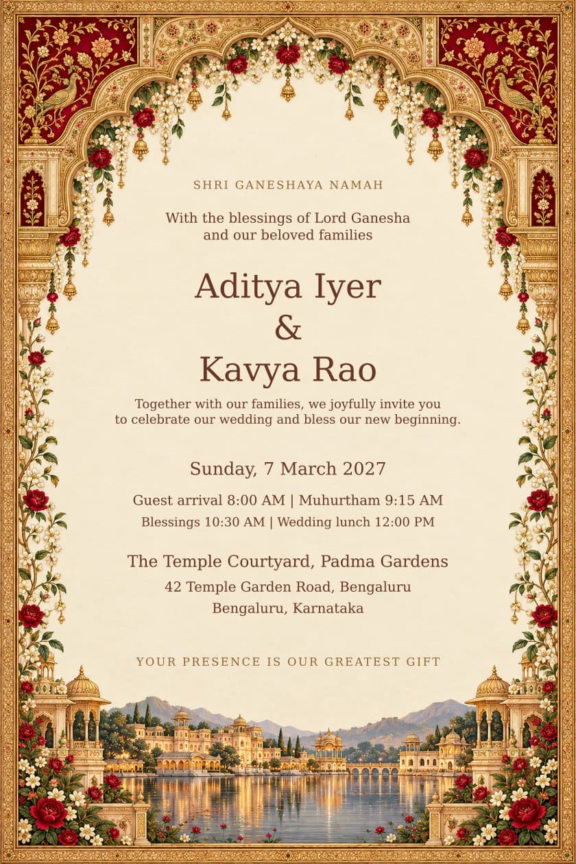 Maroon Durbar English Hindu wedding invitation for Aditya Iyer and Kavya Rao